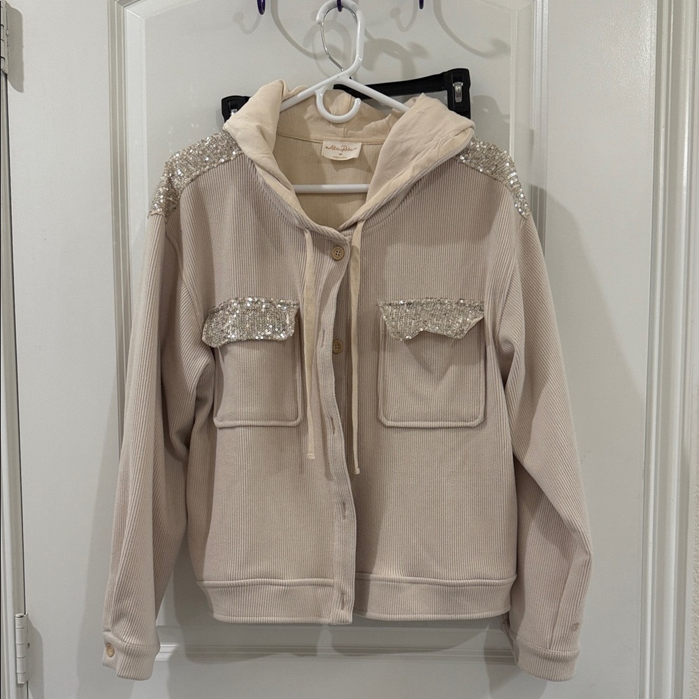 Sequin-Embellished Beige Bomber Jacket